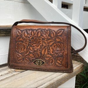 Handmade Leather Tooled Crossbody Bag